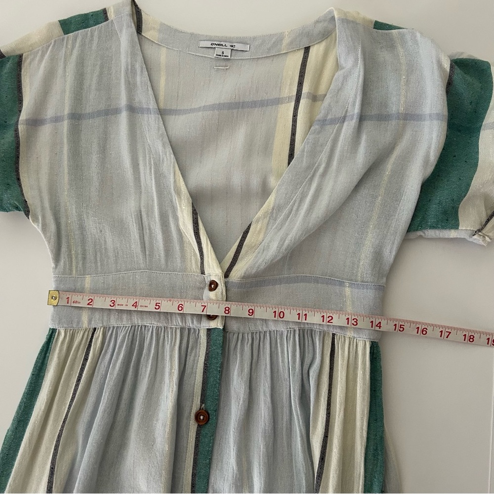 Oneill Reid Multi Striped White Green Button Up Plunge V-Neck Midi Dress Small - Picture 9 of 15
